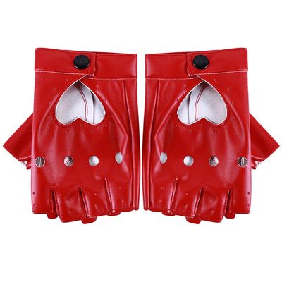 Sevenfly Women Heart Cutout Punk Half Finger Pu Leather Performance Gloves(red)