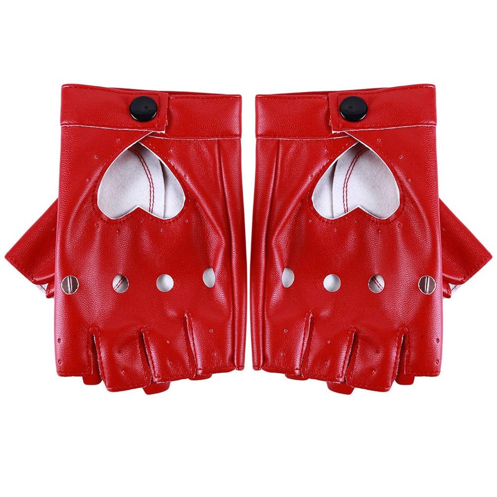 Sevenfly Women Heart Cutout Punk Half Finger Pu Leather Performance Gloves(red)