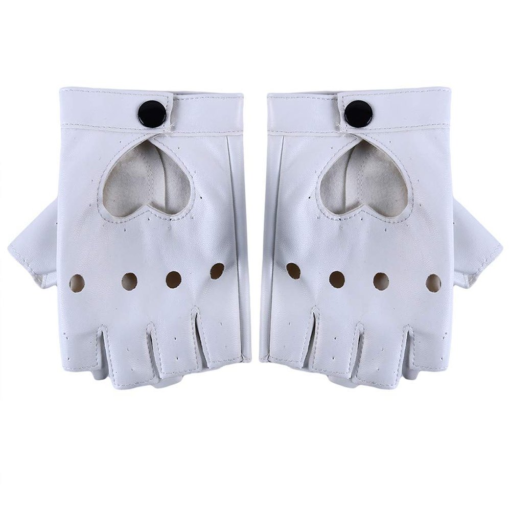 Sevenfly Women Heart Cutout Punk Half Finger Pu Leather Performance Gloves(White)
