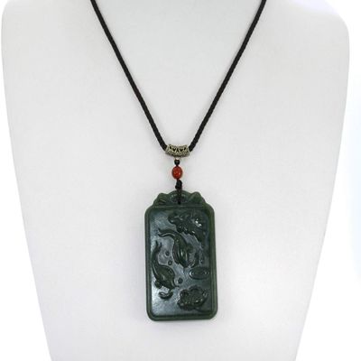 2.4" China Certified Nature Hetian Nephrite Jade Fortune Double Fish and Lotus Hand Carved Necklace Pendant 3415