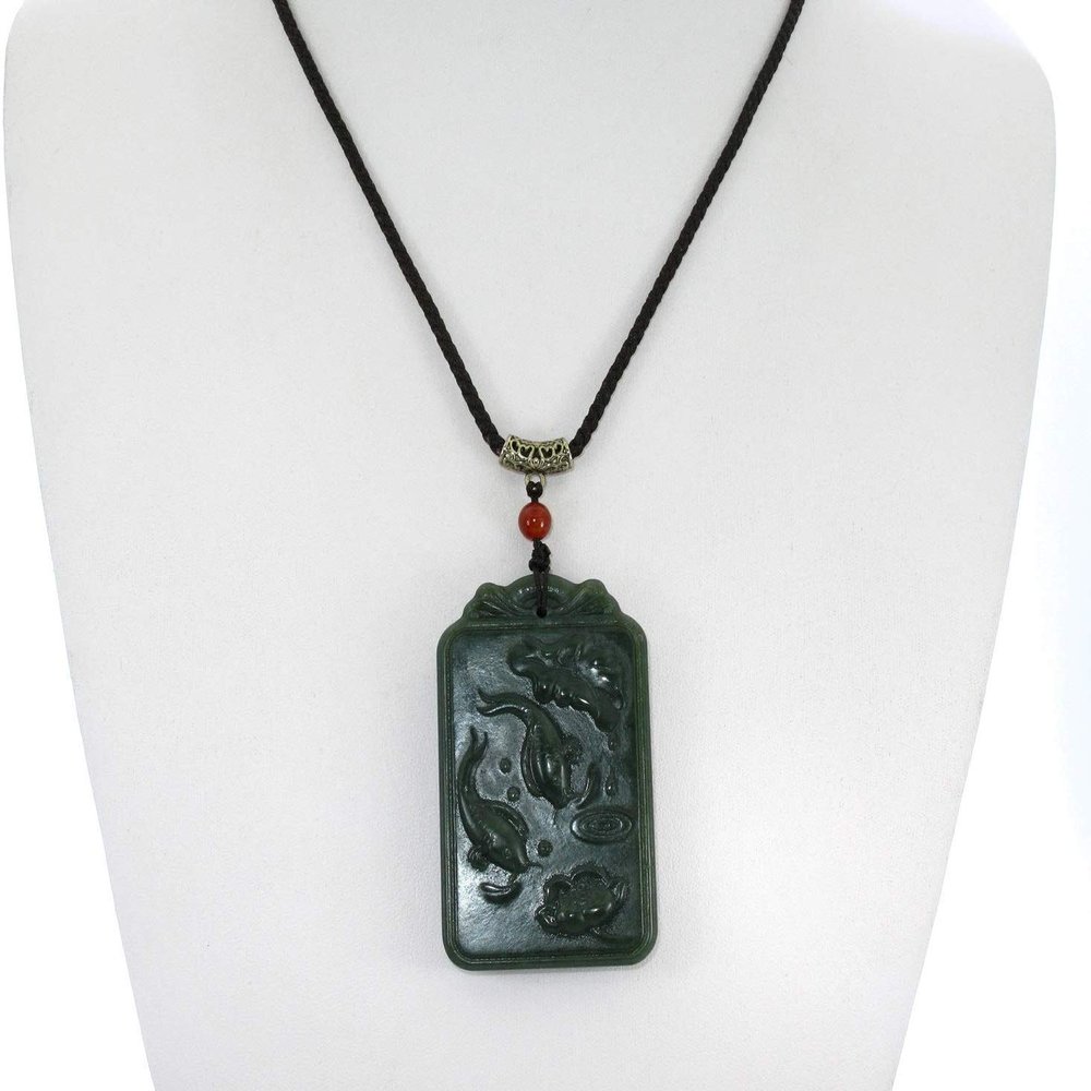 2.4" China Certified Nature Hetian Nephrite Jade Fortune Double Fish and Lotus Hand Carved Necklace Pendant 3415