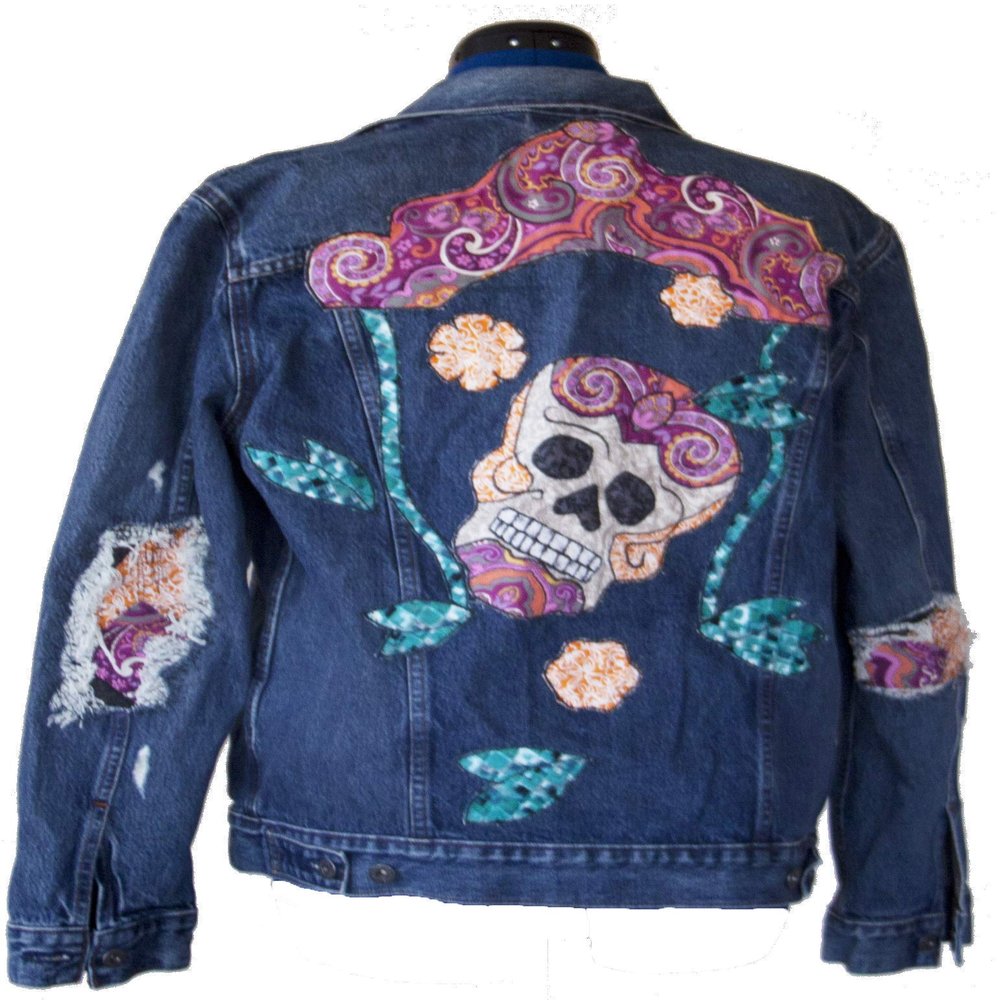 Sugar Skull Handsewn embroidered and applique denim jacket - Ships today