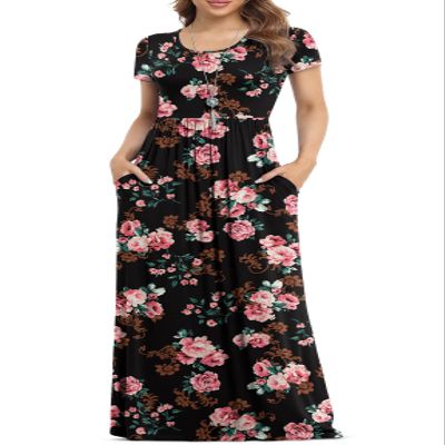 VIISHOW Women's Short Sleeve Floral Dress Loose Plain Maxi Dresses Casual Long Dresses with Pockets(Floral Rose Black Small)