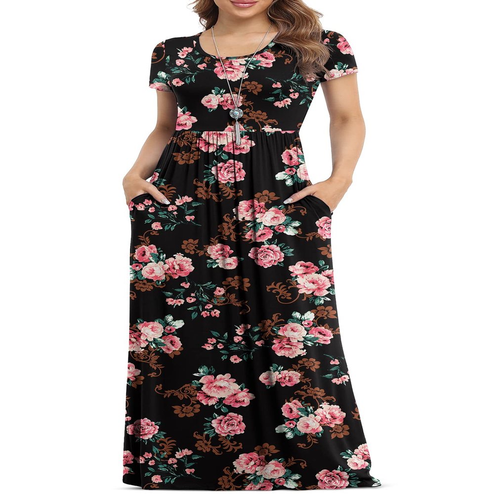 VIISHOW Women's Short Sleeve Floral Dress Loose Plain Maxi Dresses Casual Long Dresses with Pockets(Floral Rose Black Small)