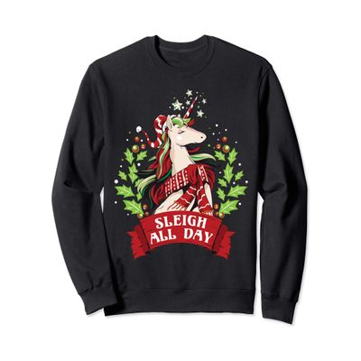 Sleigh All Day Cute Santa Unicorn Christmas Sweatshirt