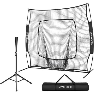 VIVOHOME Baseball Softball Batting Net - 7x7 Ft Baseball Backstop, Softball Practice Net for Hitting, Pitching, Throwing with Batting Tee and Carry Bag, Black
