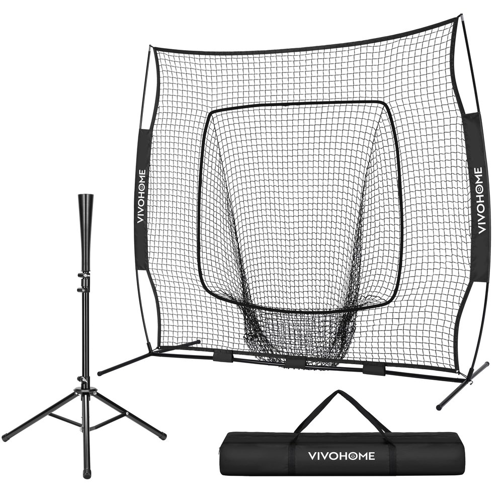 VIVOHOME Baseball Softball Batting Net - 7x7 Ft Baseball Backstop, Softball Practice Net for Hitting, Pitching, Throwing with Batting Tee and Carry Bag, Black