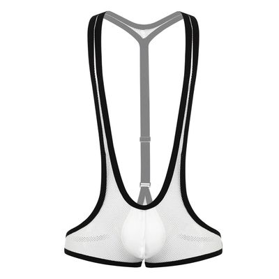 ACSUSS Mens One Piece Fishnet Sheer Y-Back Bulge Pouch Jockstrap Wrestling Singlet Leotard Bodysuit White One Size