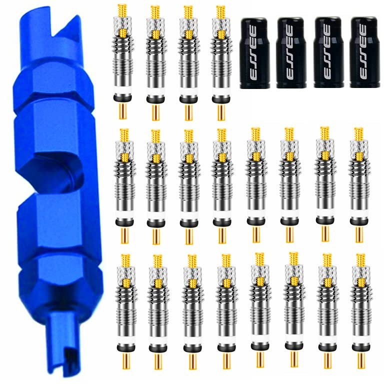 20 Pieces Presta Valve Core 4 Pieces Alloy Presta Valve Caps with Alloy Valve Core Remover Tool for Tubeless Road MTB Bike, Stan's, Vittoria, Continental, Kenda and More