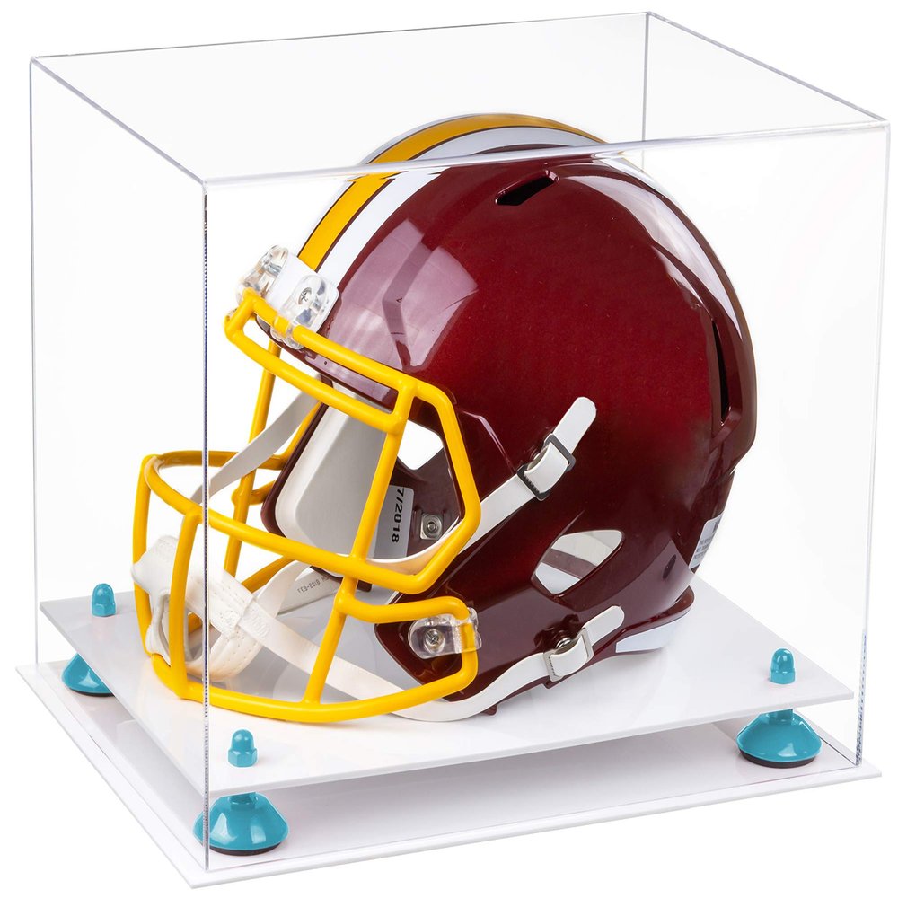 Acrylic Display Case for Full Size Football Helmet Premium Football Display Case with White Base & L Blue Risers Protects Memorabilia & Collectibles, Dimension 14.5" L x 11" W x 12" H