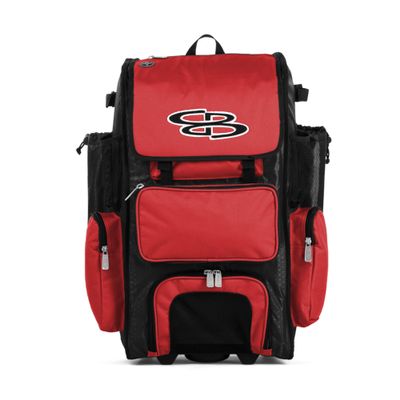 Boombah Rolling Superpack Baseball/Softball Gear Bag - 23-1/2" x 13-1/2" x 9-1/2" - Black/Red - Telescopic Handle - Holds 4 Bats - Wheeled Version