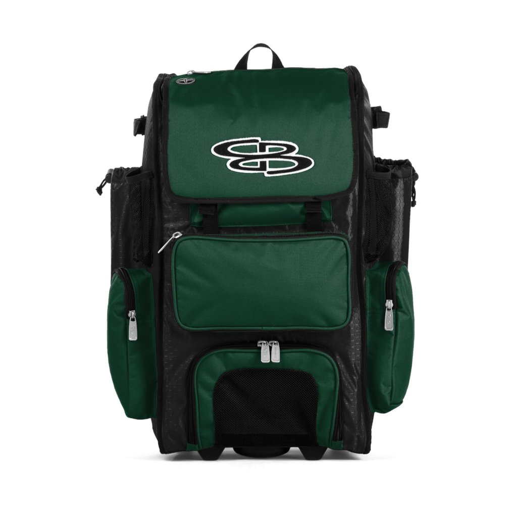 Boombah Rolling Superpack Baseball/Softball Gear Bag - 23-1/2" x 13-1/2" x 9-1/2" - Black/Dark Green - Telescopic Handle - Holds 4 Bats - Wheeled Version