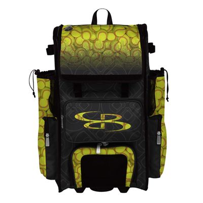 Boombah Rolling Superpack 2.0 Baseball/Softball Gear Bag - 23-1/2" x 13-1/2" x 9-1/2" - Softball Black/Optic Yellow/Red - Telescopic Handle - Holds 4 Bats - Wheeled Version