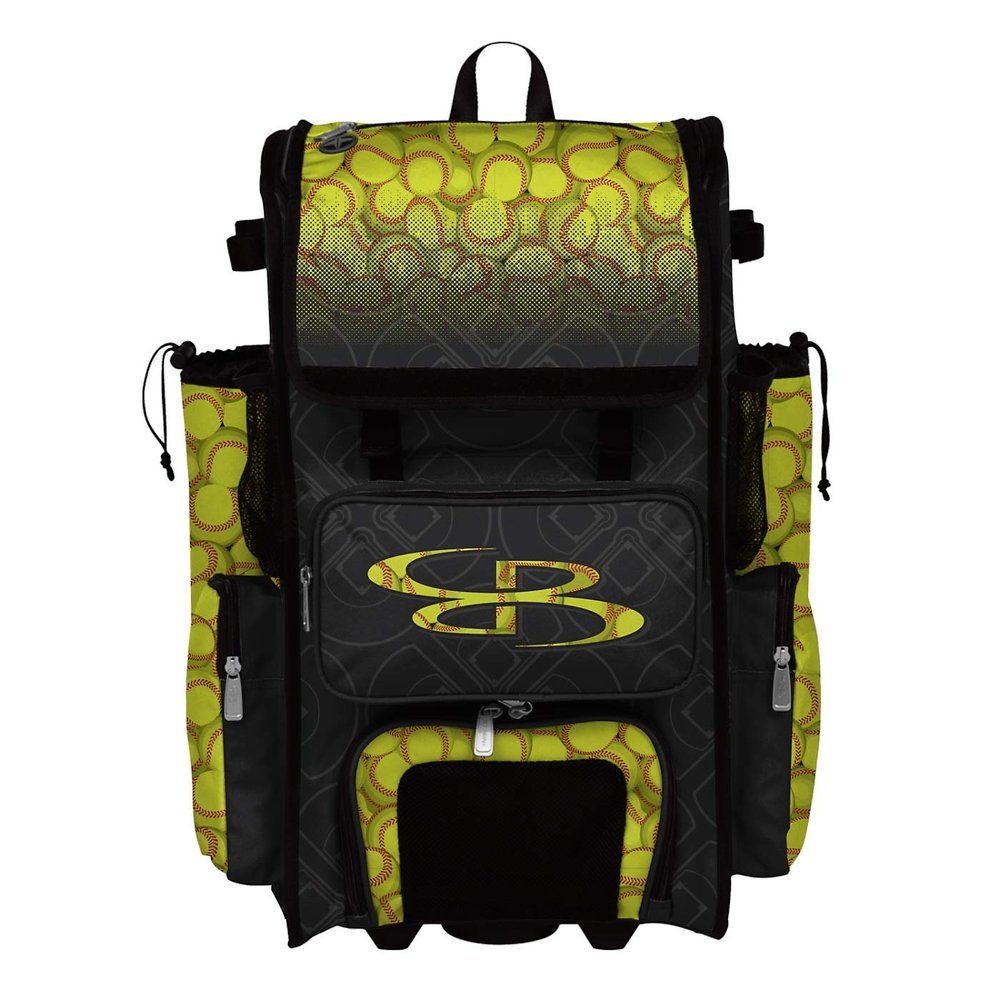 Boombah Rolling Superpack 2.0 Baseball/Softball Gear Bag - 23-1/2" x 13-1/2" x 9-1/2" - Softball Black/Optic Yellow/Red - Telescopic Handle - Holds 4 Bats - Wheeled Version