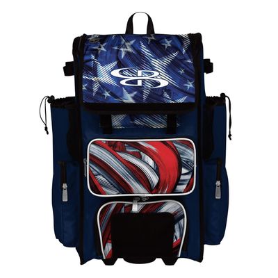 Boombah Rolling Superpack 2.0 Baseball/Softball Gear Bag - 23-1/2" x 13-1/2" x 9-1/2" - USA Wave Navy/Red/White - Telescopic Handle - Holds 4 Bats - Wheeled Version