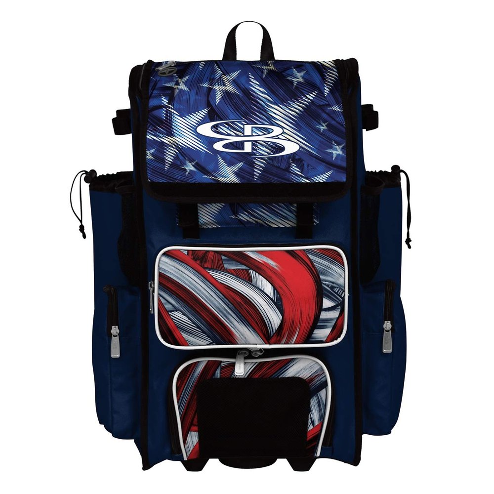 Boombah Rolling Superpack 2.0 Baseball/Softball Gear Bag - 23-1/2" x 13-1/2" x 9-1/2" - USA Wave Navy/Red/White - Telescopic Handle - Holds 4 Bats - Wheeled Version