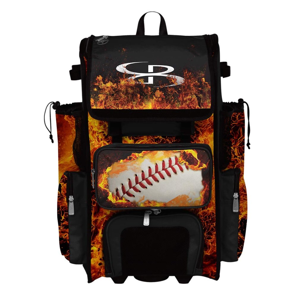Boombah Rolling Superpack 2.0 Baseball/Softball Gear Bag - 23-1/2" x 13-1/2" x 9-1/2" - Baseball Fire Ball Black/Orange/White - Telescopic Handle - Holds 4 Bats - Wheeled Version