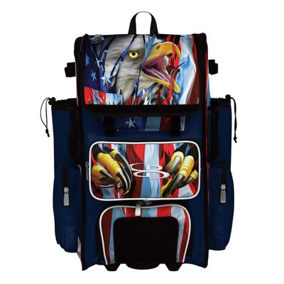 Boombah Rolling Superpack 2.0 Baseball/Softball Gear Bag - 23-1/2" x 13-1/2" x 9-1/2" - USA Breakout Navy/White/Red - Telescopic Handle - Holds 4 Bats - Wheeled Version
