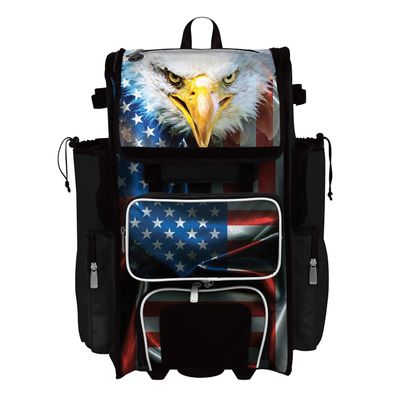 Boombah Rolling Superpack 2.0 Baseball/Softball Gear Bag - 23-1/2" x 13-1/2" x 9-1/2" - USA Eagle Black/Red/White - Telescopic Handle - Holds 4 Bats - Wheeled Version