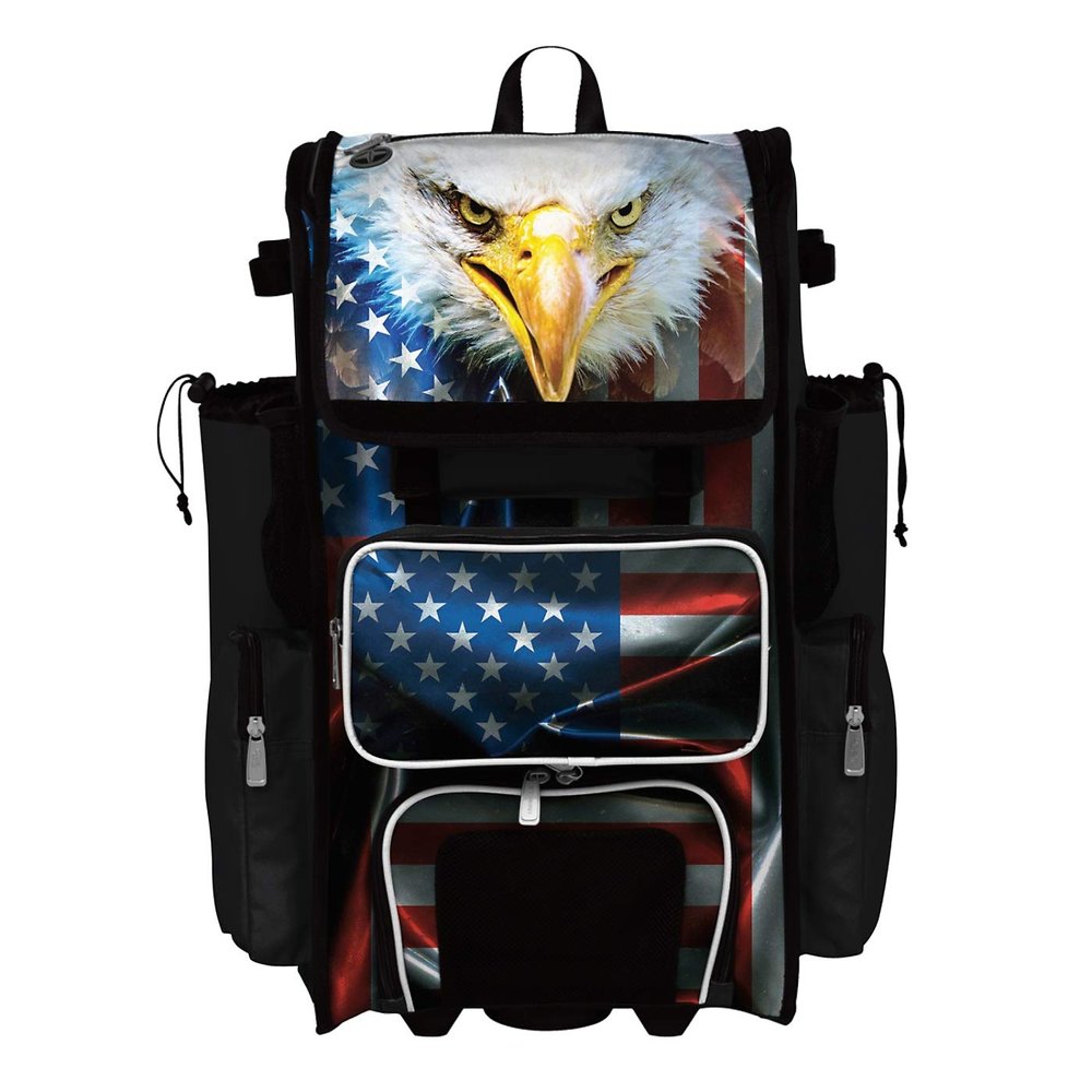 Boombah Rolling Superpack 2.0 Baseball/Softball Gear Bag - 23-1/2" x 13-1/2" x 9-1/2" - USA Eagle Black/Red/White - Telescopic Handle - Holds 4 Bats - Wheeled Version