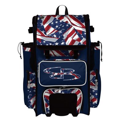 Boombah Rolling Superpack 2.0 Baseball/Softball Gear Bag - 23-1/2" x 13-1/2" x 9-1/2" - USA Independence Navy/Red/White - Telescopic Handle - Holds 4 Bats - Wheeled Version