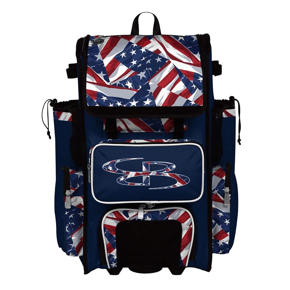 Boombah Rolling Superpack 2.0 Baseball/Softball Gear Bag - 23-1/2" x 13-1/2" x 9-1/2" - USA Independence Navy/Red/White - Telescopic Handle - Holds 4 Bats - Wheeled Version