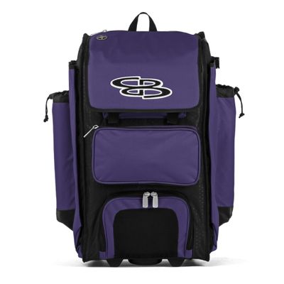 Boombah Rolling Catcher's Superpack Baseball/Softball Gear Bag - 23-1/2" x 13-1/2" x 9-1/2" - Black/Purple - Telescopic Handle - Holds 4 Bats - Wheeled Version