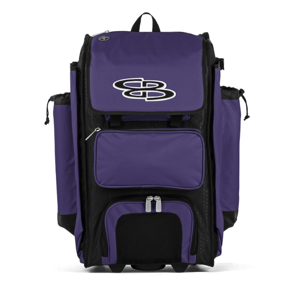 Boombah Rolling Catcher's Superpack Baseball/Softball Gear Bag - 23-1/2" x 13-1/2" x 9-1/2" - Black/Purple - Telescopic Handle - Holds 4 Bats - Wheeled Version