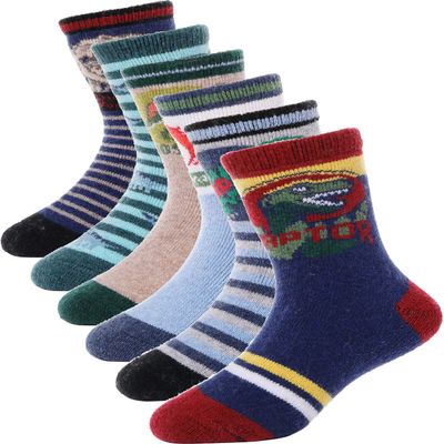 ANTSANG Kids Merino Wool Hiking Socks Toddlers Boys Girls Winter Warm Thick Thermal Crew Boot Heavy Cozy Snow Cabin Gift Snowboarding Socks 6 Pairs for Childs(Dinosaur B,4-7Y)