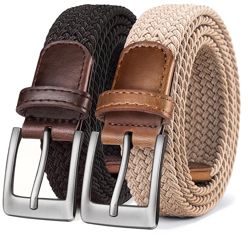 BULLIANT Belt for Men 2Pack,Mens Gift Stretch Braided Web Belt Elastic for Casual Golf Jeans,1 3/8"(Black/Beige,46"-50" Waist Adjustable)