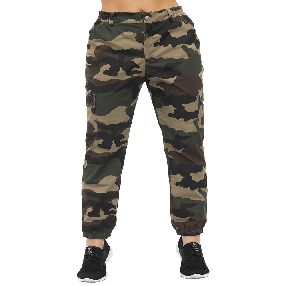 ZODLLS Women's Camo Pants Cargo Trousers Cool Camouflage Pants Elastic Waist Casual Multi Jogger Pants with Pocket Green-L