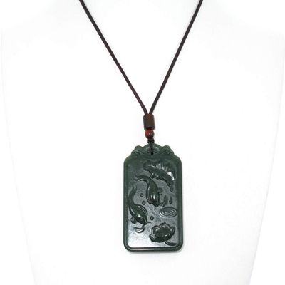 2.4" China Certified Nature Hetian Nephrite Jade Fortune Pisces Amulet and Lotus Hand Carved Necklace Pendant 3434