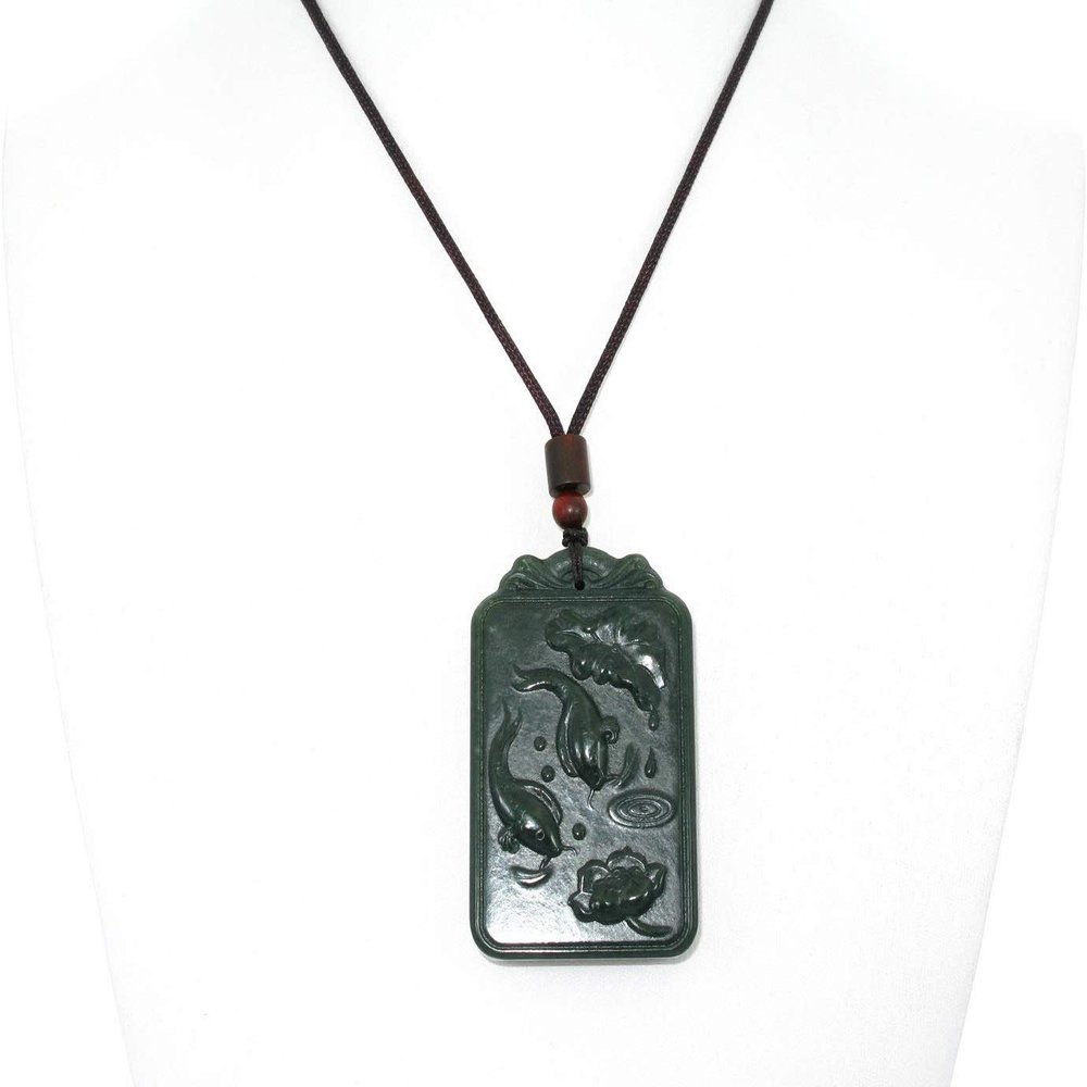 2.4" China Certified Nature Hetian Nephrite Jade Fortune Pisces Amulet and Lotus Hand Carved Necklace Pendant 3434