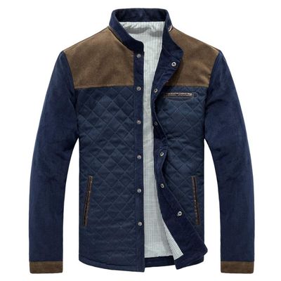 WarmQIQ Jackets for Men, Winter Mens Jackets Long Sleeve Stand Collar Color Block Coat Buttons up Corduroy Slim Jacket - Dark Blue+Coffee M
