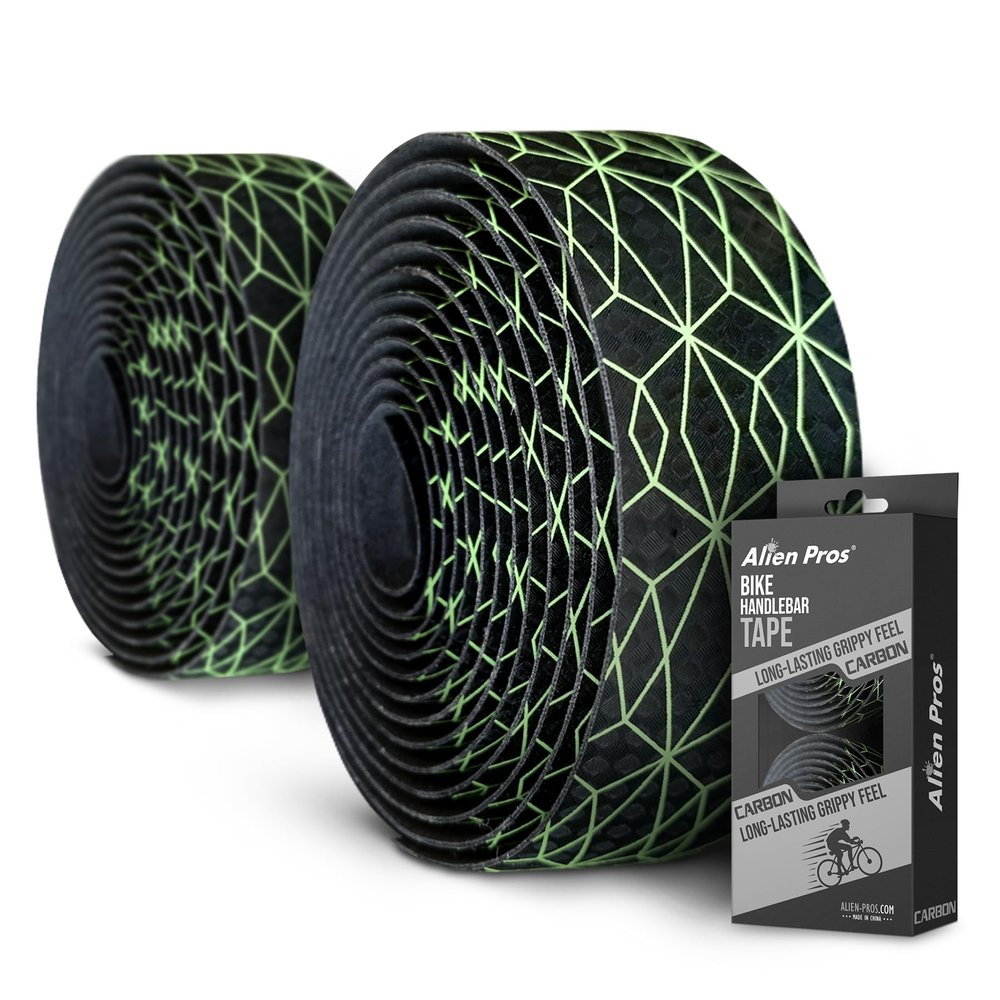 ALIEN PROS Bike Handlebar Tape Carbon Fiber (Set of 2) Black Green - Enhance Your Bike Grip with These Bicycle Handle bar Tape - Wrap Your Bike for an Awesome Comfortable Ride