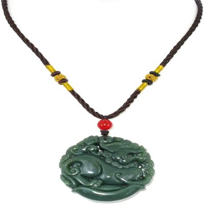 1.9" China Certified Nature Hetian Nephrite Jade Fortune Pixiu Double Carved Necklace Pendant 6181