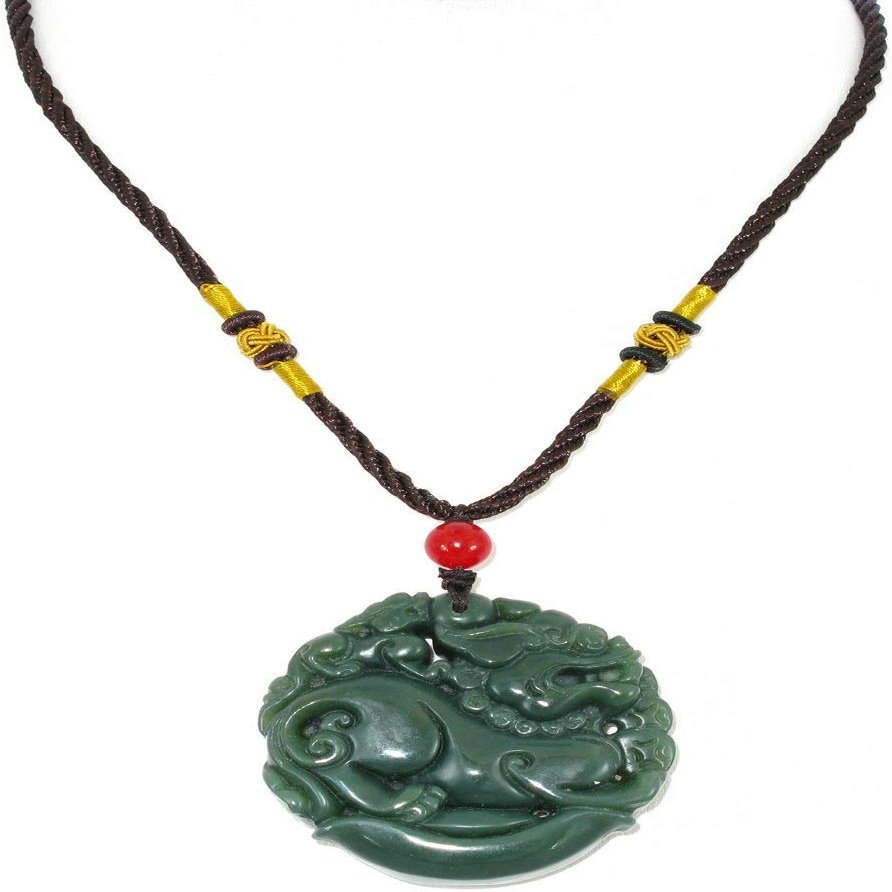 1.9" China Certified Nature Hetian Nephrite Jade Fortune Pixiu Double Carved Necklace Pendant 6181