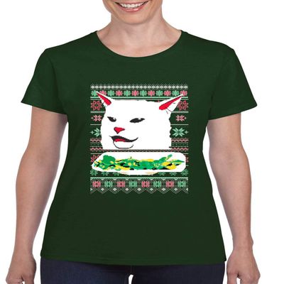ALLNTRENDS Women's T Shirt Lady Yelling at A Cat Meme Funny Ugly Xmas Memes (XL, Forest Green)