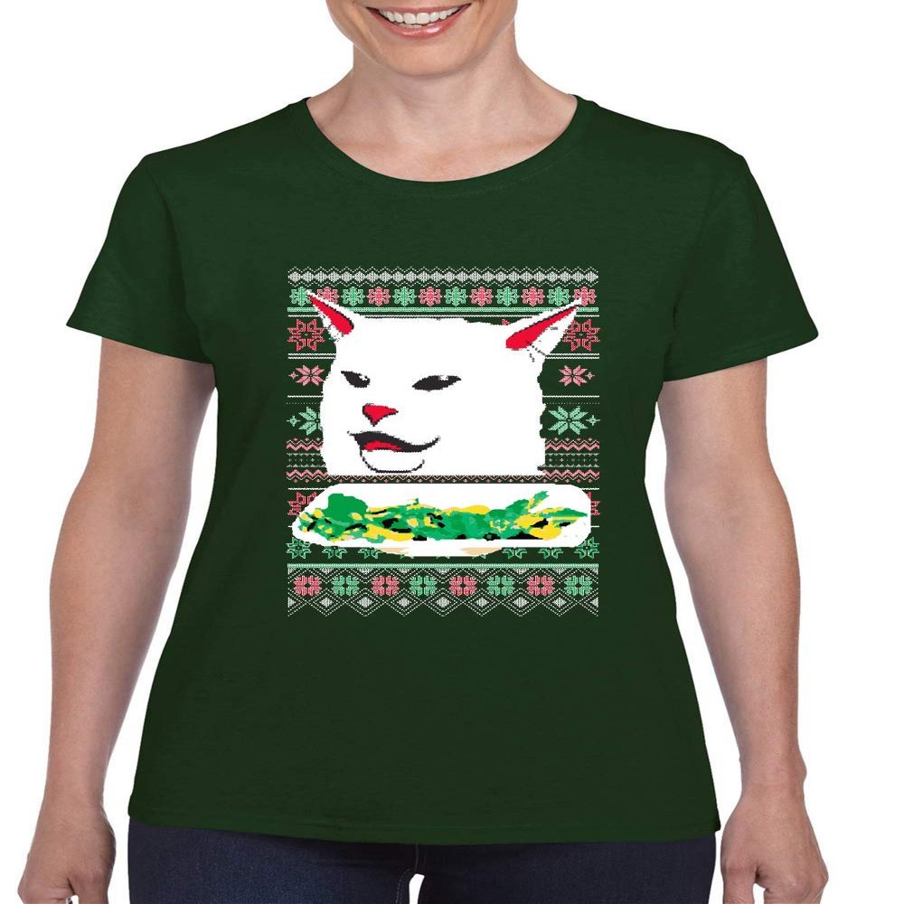 ALLNTRENDS Women's T Shirt Lady Yelling at A Cat Meme Funny Ugly Xmas Memes (XL, Forest Green)