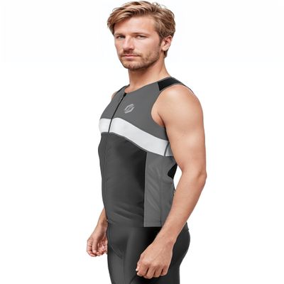 SLS3 Tri Top Men - Sleeveless Mens Triathlon Top PRO Premium FX Material - 3 Pocket Triathlon Shirts for Men (Black/Turbulence Gray, Large)