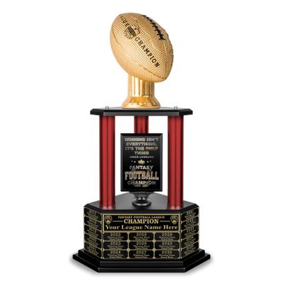 TrophySmack Fantasy Football Trophy - 19-Year Perpetual  26 Customizable Championship Award with Free Engravings (Gold Football | Red Metal Columns)