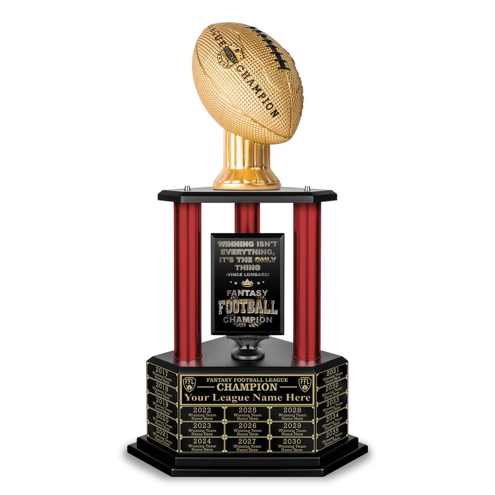 TrophySmack Fantasy Football Trophy - 19-Year Perpetual 26 Customizable Championship Award with Free Engravings (Gold Football | Red Metal Columns)