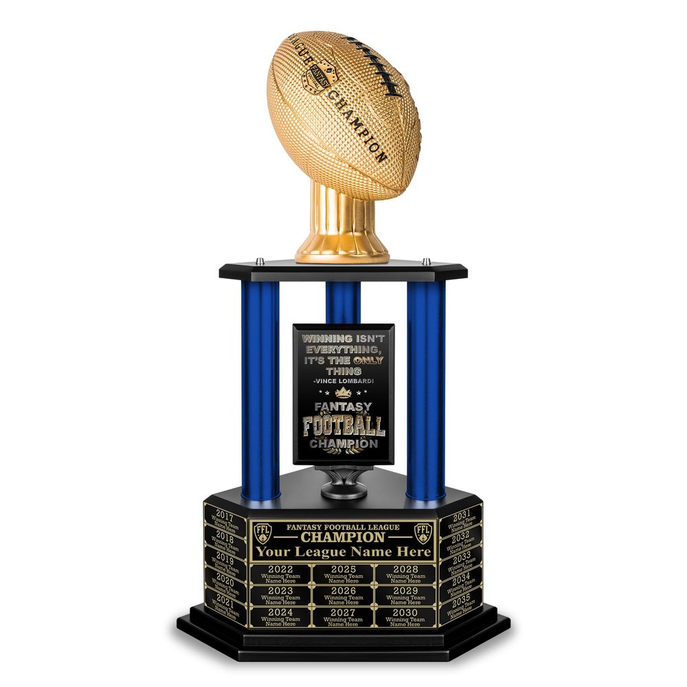 TrophySmack Fantasy Football Trophy - 19-Year Perpetual 26 Customizable Championship Award with Free Engravings (Gold Football | Blue Metal Columns)
