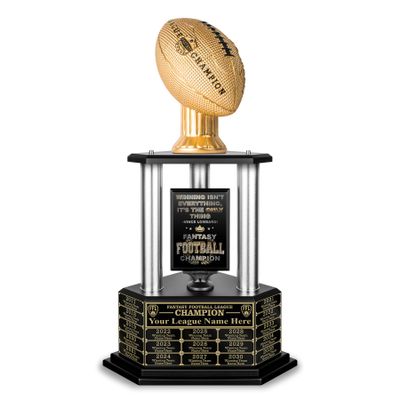 TrophySmack Fantasy Football Trophy - 19-Year Perpetual  26 Customizable Championship Award with Free Engravings (Gold Football | Silver Metal Columns)