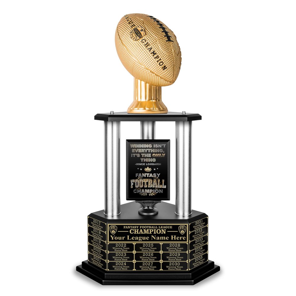 TrophySmack Fantasy Football Trophy - 19-Year Perpetual  26 Customizable Championship Award with Free Engravings (Gold Football | Silver Metal Columns)