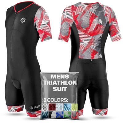 SLS3 Triathlon Suits Mens - Aerodynamic Sleeved Tri Suit Men  Lightweight Trisuit with Premium FX Fabrics - 2 Pockets (Black/Red Geo, Medium)