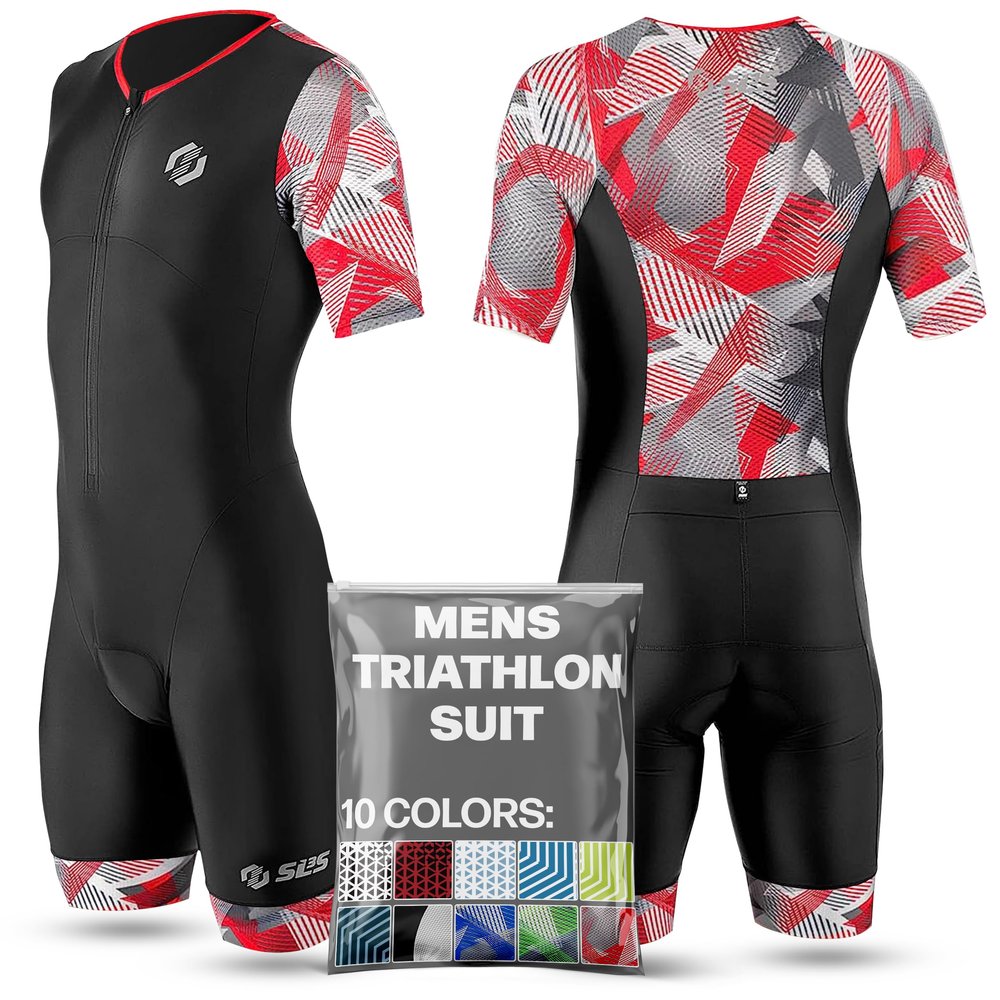 SLS3 Triathlon Suits Mens - Aerodynamic Sleeved Tri Suit Men Lightweight Trisuit with Premium FX Fabrics - 2 Pockets (Black/Red Geo, Medium)