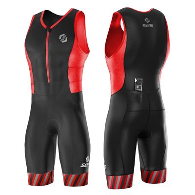 SLS3 Triathlon Suits Mens - Durable Sleeveless Tri Suit Men Triathlon Suit - Lightweight Trisuit with 2 Pockets for Storage (Black/Red Stripes, Small)