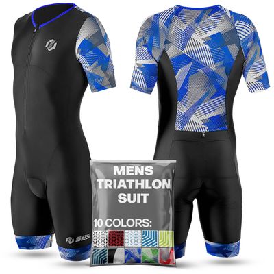 SLS3 Triathlon Suits Mens - Aerodynamic Sleeved Tri Suit Men  Lightweight Trisuit with Premium FX Fabrics - 2 Pockets (Blue Edge, Medium)