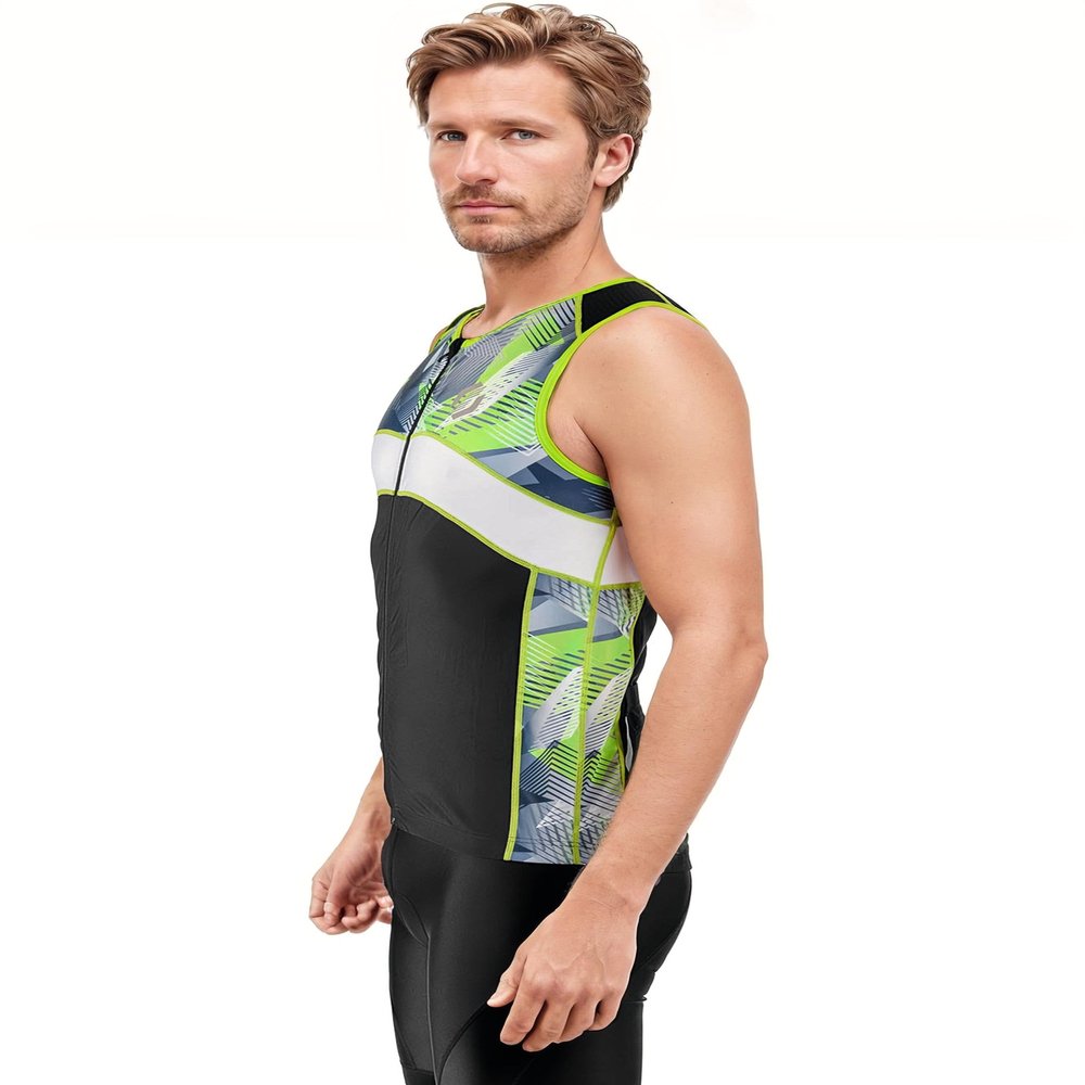 SLS3 Tri Top Men - Sleeveless Mens Triathlon Top PRO Premium FX Material - 3 Pocket Triathlon Shirts for Men (Black/Green Geo, Small)